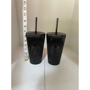 4 pc Starbucks New 2024 Black Pleated Metallic Plastic Cold Cup Grande, 16 fl oz